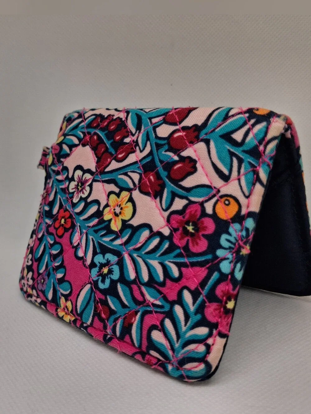 Vera Bradley Quilted Floral Trifold Wallet ID Window Navy Pink Snap Case